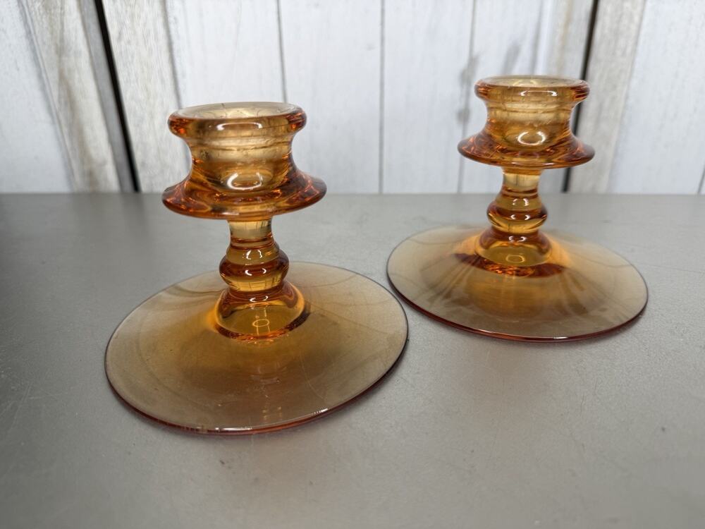 Vintage Orange Glass Short Pedestal Candlestick Holder Set Of 2
